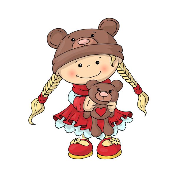 یک دختر بچه ناز با کلاه خرس عروسکی در لباس قرمز هوشمند و با یک خرس عروسکی در دستانش