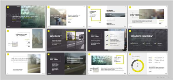 عناصر الگوهای ارائه زرد در پس‌زمینه سفید وکتور اینفوگرافیک استفاده در ارائه بروشور و بروشور گزارش شرکت بازاریابی تبلیغات گزارش سالانه بنر