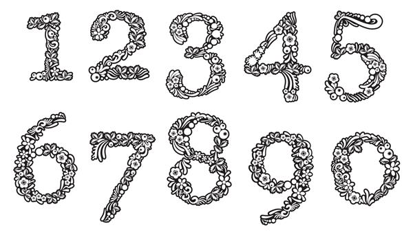 برش لیزری مجموعه اعداد با الگوی گلدار حروف دستی مناسب برای تقویم یا کارت تبریک سبک تک رنگ جدا شده در پس زمینه سفید