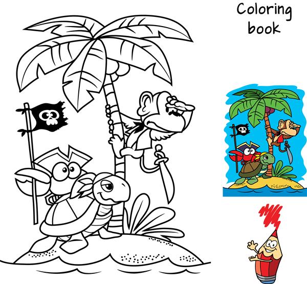 جزیره دزدان دریایی یک میمون روی درخت نخل یک لاک پشت و یک خرچنگ بامزه با پرچم دزدان دریایی کتاب رنگ آمیزی تصویر برداری کارتونی
