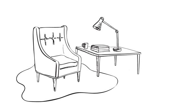 طرح داخلی دنج صندلی راحتی و میز کوچک با یک لامپ