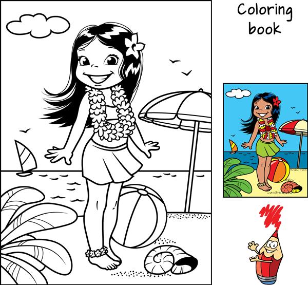 دختر کوچک هولا در ساحل با گلدسته هاوایی کتاب رنگ آمیزی تصویر برداری کارتونی