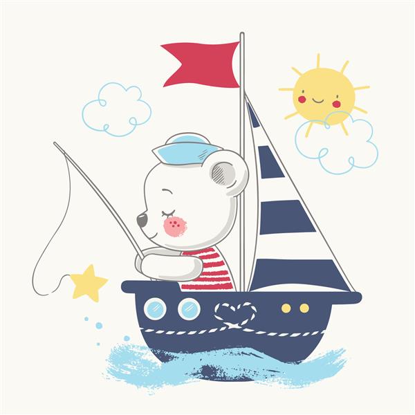 ملوان خرس ناز بر روی کشتی کارتونی تصویر برداری دست کشیده قابل استفاده برای چاپ تی شرت طراحی مد لباس کودکان کارت دعوت حمام نوزاد