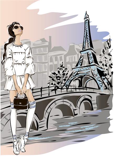 زن مد در نزدیکی برج ایفل در پاریس بنر مد با الگوی متنی تبلیغات خرید آنلاین در شبکه های اجتماعی با دختر زیبا هنر تصویر برداری وکتور