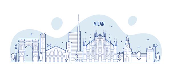 خط افق میلان ایتالیا این تصویر نشان دهنده شهر با برجسته ترین ساختمان هایش است وکتور کاملاً قابل ویرایش است هر شیء جامع و متحرک است