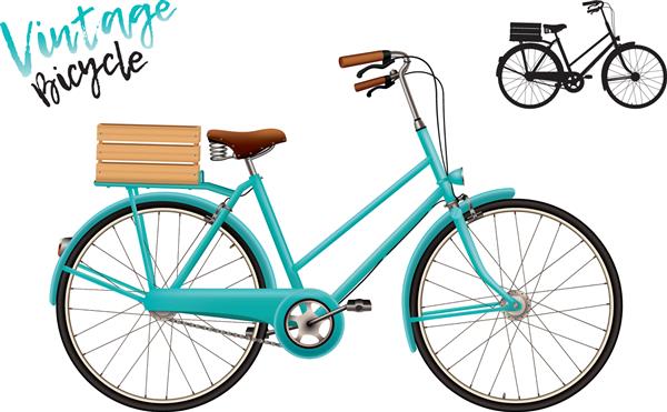 دوچرخه شهری سبک وینتیج با جعبه چوبی ست شامل حروف و شکل شبح است طرح وکتور ایزوله شده برای همه پس زمینه ها