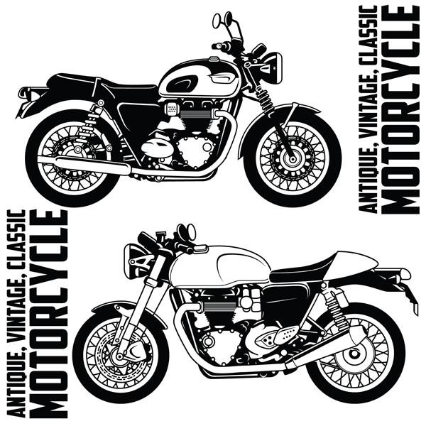 مجموعه طراحی تصویر وکتور موتور سیکلت عتیقه وینتاژ کلاسیک تصویر برداری سیاه و سفید جدا شده در پس زمینه سفید