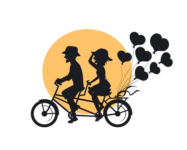 شبح زوج عاشق رمانتیک و عاشق دوچرخه سواری پشت سر هم با بادکنک های قلبی شکل