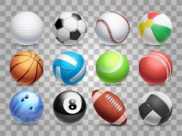 مجموعه بزرگ وکتور توپ های ورزشی واقع گرایانه جدا شده در پس زمینه شفاف تصویرسازی فوتبال و بیسبال بازی فوتبال و تنیس