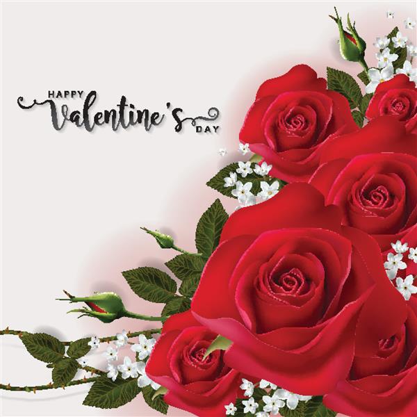 الگوهای کارت تبریک روز ولنتاین با واقع گرایانه از گل رز قرمز زیبا