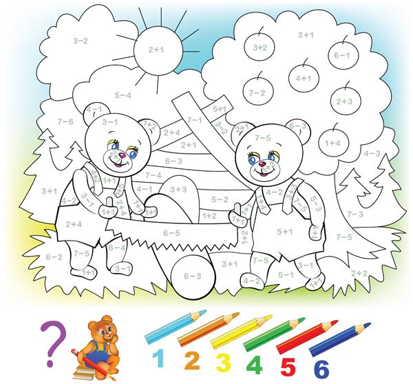 کاربرگ ریاضی جمع و تفریق برای کودکان خردسال نیاز به حل مثال ها و رنگ آمیزی تصویر در رنگ های مربوطه توسعه مهارت های شمارش تصویر برداری