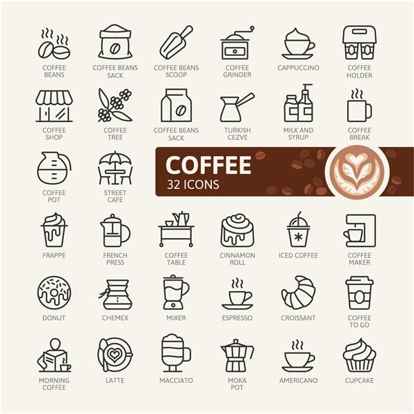 قهوه قهوه خانه عناصر کافی شاپ - مجموعه آیکون های وب حداقل خط نازک مجموعه آیکون های طرح کلی تصویر برداری ساده