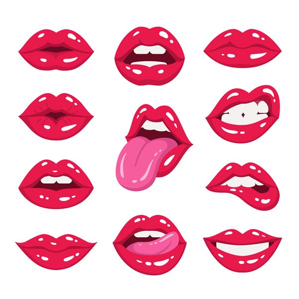 مجموعه لب های قرمز تصویر برداری از لب های یک زن سکسی که بیانگر احساسات مختلف است مانند لبخند بوسه دهان نیمه باز لب گاز گرفتن لیسیدن لب زبان بیرون جدا شده روی سفید