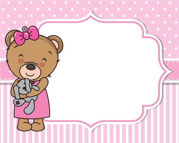 کارت حمام دختر بچه خرس ناز با عروسکی فضایی برای متن