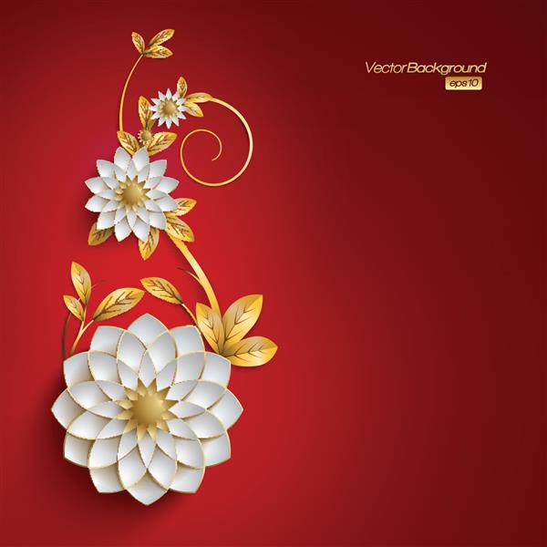 گلهای سه بعدی سفید و طلایی به سبک ارابسک در زمینه قرمز پس زمینه قرمز با طرح گل کارت طرح گل
