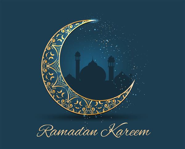 پس زمینه کارت با طرح های رنگارنگ آبی تیره و طلایی تبریک جشن اسلامی مبارک رمضان کریم