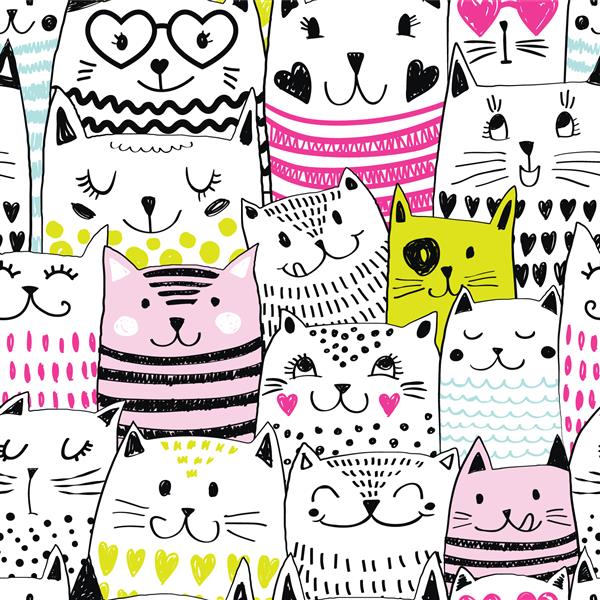 الگوی بدون درز انتزاعی برای دختران کوچک با گربه های خنده دار رنگارنگ تصویرسازی مد به سبک مدرن چاپ روشن