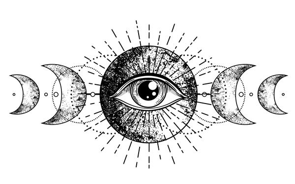 چشم مشیت نماد ماسونی نماد الهه ماه ویکا بت پرست ماه سه گانه تصویر برداری تاتو طالع بینی کیمیاگری بوهو و نماد جادویی کتاب رنگ آمیزی