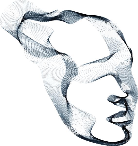 پرتره وکتور زیبای صورت انسان تصویر هنری سر انسان ساخته شده از آرایه ذرات نقطه چین هوش مصنوعی رابط نرم افزار برنامه نویسی کامپیوتر روح دیجیتال