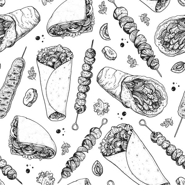 الگوی بدون درز دستی شاورما آشپزی دونر کباب و مواد لازم برای تصویرسازی طرح کباب قاب آشپزی عربی عناصر طراحی منوی فست فود غذای خاورمیانه پس زمینه بسته بندی