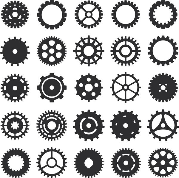 مجموعه آیکون چرخ دنده ها مکانیسم یا نماد ماشین آلات مجموعه چرخ مهندسی عناصر فنی تصویر نمادهای وکتور چرخ دنده