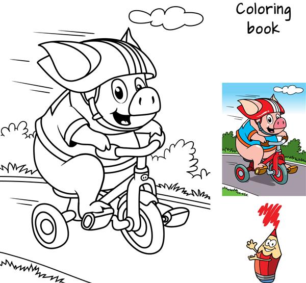 خوک کوچک بامزه دوچرخه سواری می کند کتاب رنگ آمیزی تصویر برداری کارتونی