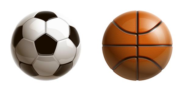 بنر طراحی براق سه بعدی بسکتبال و فوتبال قهرمانی فوتبال بنر تصویری با آرم توپ های واقعی بسکتبال و فوتبال فوتبال جدا شده در پس زمینه سفید توپ های کلاسیک