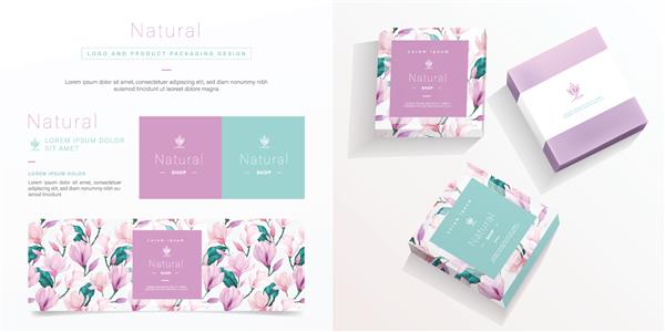 الگوی طراحی لوگو و بسته بندی طبیعی ماکت بسته صابون طبیعی ایجاد شده توسط وکتور الگوی گل آبرنگ برای برندسازی و طراحی هویت شرکتی