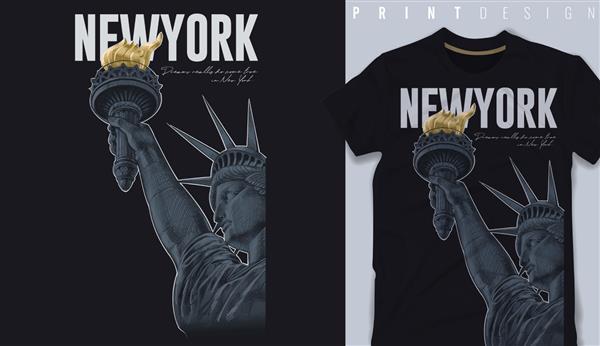 طرح گرافیکی تی شرت تایپوگرافی شهر نیویورک با مجسمه آزادی - تصویر برداری برای تی شرت
