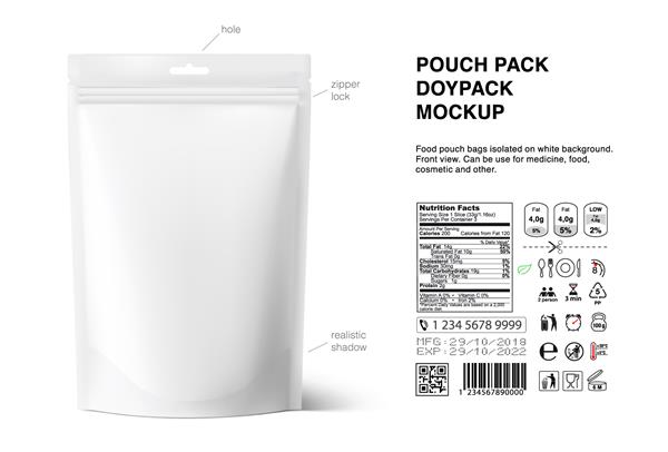 ماکت کیسه های کیسه ای با حقایق تغذیه ای جدا شده در پس زمینه سفید تصویر برداری نمای جلو و عقب می تواند برای قالب طراحی ارائه تبلیغات تبلیغات شما استفاده شود EPS10