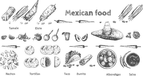 تصویر برداری از مجموعه مگا بسته غذای مکزیکی بزرگ تاماله الوت فلفل چیلی ناچوس تورتیلا تاکو بوریتو آلبوندیگا سالسا تکیلا با لیموترش سبزیجات سبک طراحی دستی قدیمی