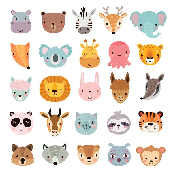 مجموعه حیوانات بزرگ چهره های ناز شخصیت های طراحی شده با دست تصویر برداری