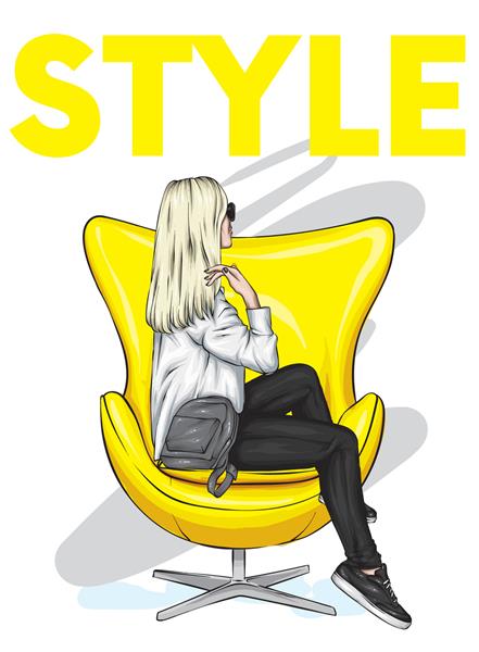 دختری با لباس های شیک روی صندلی راحتی نشسته است تصویر برداری برای کارت پستال یا پوستر چاپ لباس و لوازم جانبی مد و استایل زیبایی