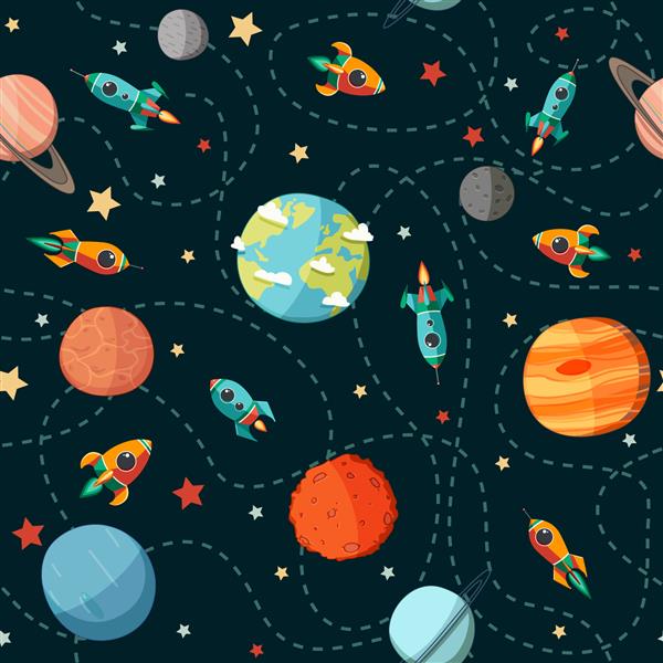 الگوی فضای بدون درز سیارات موشک ها و ستاره ها نمادهای سفینه فضایی کارتونی عناصر کودک برای رزرو ضایعات پس زمینه کودکانه تصویر برداری دست کشیده