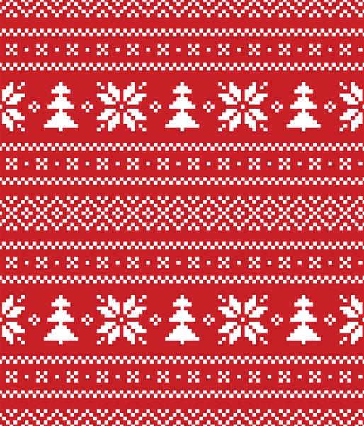 الگوی پیکسل کریسمس زمستانی به رنگ قرمز روشن و سفید با درختان کریسمس و تزئینات دانه های برف