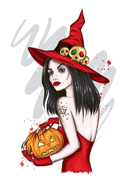 دختر زیبا در لباس جادوگر زن با کدو تنبل مد و سبک هالووین لباس و لوازم جانبی هیپسترها