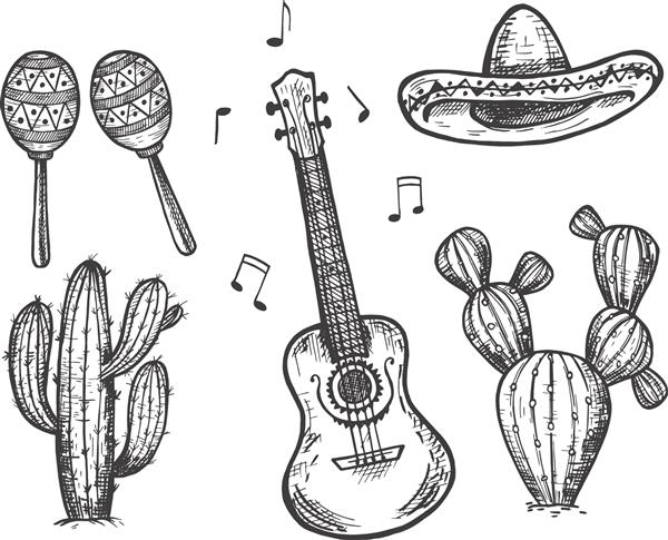 تصویر برداری از مجموعه اشیاء مکزیکی ماراکا یوکلل گیتار آکوستیک سومبررو کاکتوس صحرا سبک طراحی دستی قدیمی
