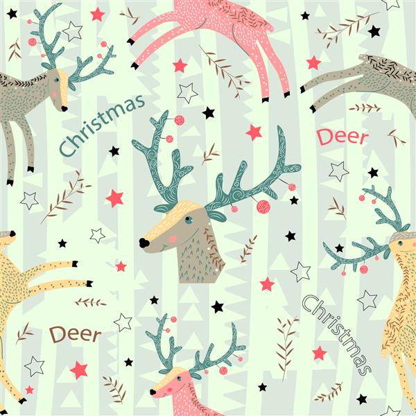 آهو کریسمس با شاخ‌های سبز-آبی تاخت حیوانات جنگلی وحشی سبک اسکاندیناوی طراحی نوزاد الگوی بدون درز