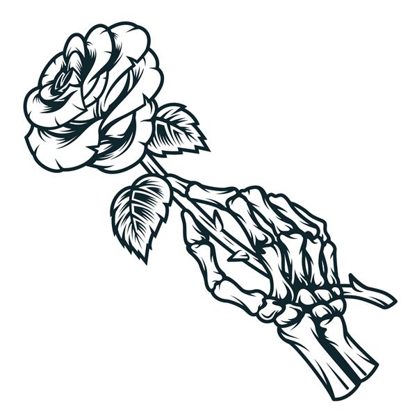 دست اسکلتی که گل رز را در دست دارد در تصویر برداری جدا شده به سبک تک رنگ پرنعمت