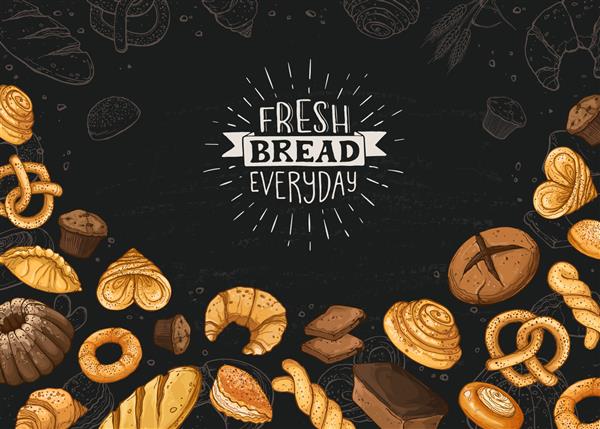 بنر روزانه نان تازه ترکیب قاب افقی با نان و نان نان شیرینی و چوب شور مافین و کروسانت طراحی بنر تصویر برداری وکتور برای مغازه های نانوایی و غیره