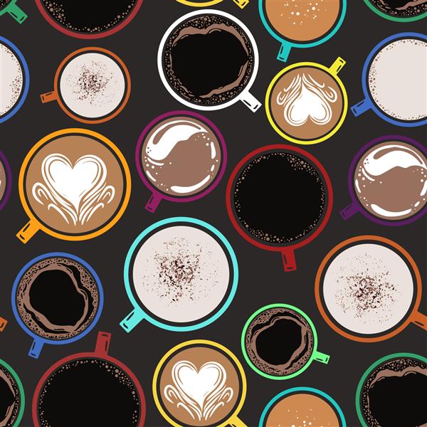 الگوی بدون درز قهوه فنجان های رنگی با قهوه فنجان های قهوه تصویر برداری