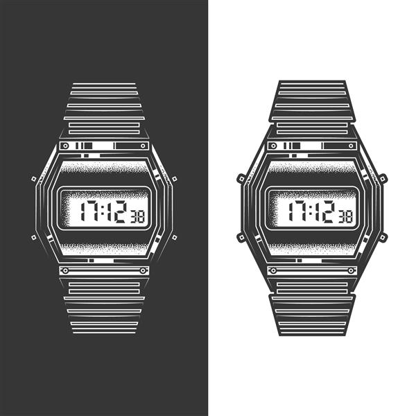 تصویر برداری تک رنگ اصلی ساعت مچی الکترونیکی قدیمی با ساعت زنگ دار و چراغ قوه در سبک یکپارچهسازی با سیستمعامل