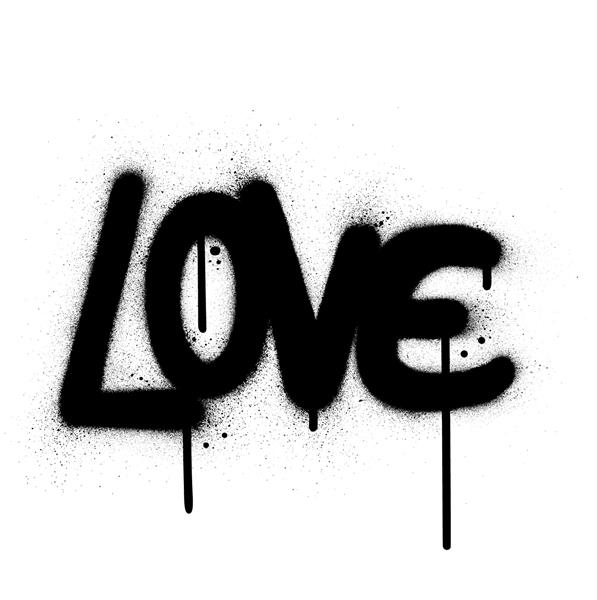 کلمه عشق گرافیتی به رنگ سیاه روی سفید پاشیده شده است