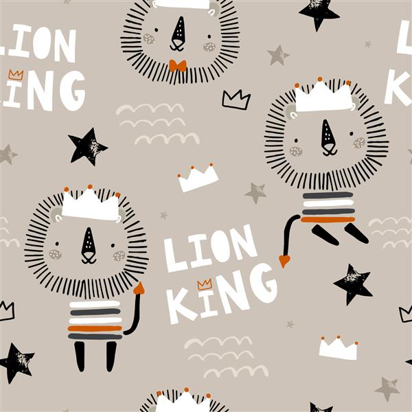 الگوی کودکانه بدون درز با شیر شاه ناز تاج ستاره بافت خلاقانه کودکان به سبک اسکاندیناوی برای پارچه بسته بندی پارچه کاغذ دیواری پوشاک تصویر برداری