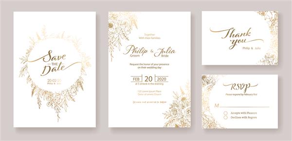 طلایی دعوت عروسی ذخیره تاریخ با تشکر از شما قالب طراحی کارت rsvp بردار گل زمستانی رز دلار نقره ای برگ زیتون گل مومی شقایق