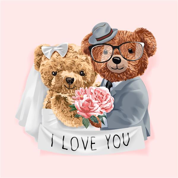 زوج اسباب بازی خرس در تصویرسازی لباس عروسی