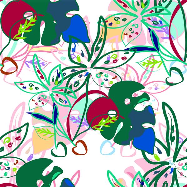 وکتور کلاژ رنگارنگ الگوی بدون درز طبیعی معاصر اشکال انتزاعی مدرن بافت های کشیده شده با دست برگ ها و گیاهان استوایی الگوی وکتور با گل های انتزاعی عجیب و غریب برای هر منظور