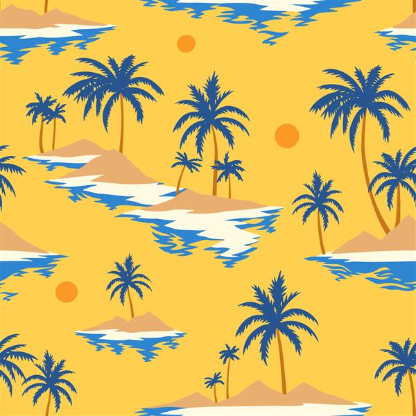 الگوی جزیره ای بدون درز قدیمی پس زمینه تابستانی رنگارنگ گرمسیری منظره زرد با درختان نخل ساحل و اقیانوس طرح تخت وکتور مناسب برای پارچه پارچه تی شرت کاغذ دیواری بسته بندی