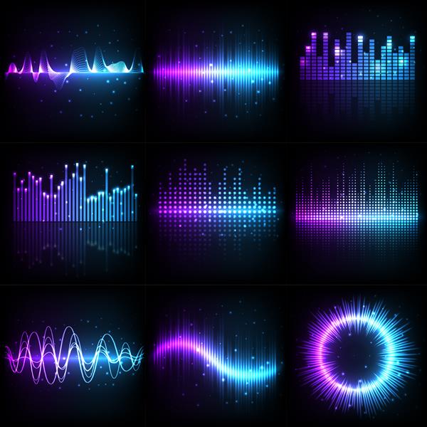 موج صدا اکولایزر صوتی موسیقی با الگوی فرکانس وکتور اشکال مختلف موج صوتی موسیقی انتزاعی از رنگ‌های نور نئون بنفش و آبی آمپلی‌فایر الکترونیکی و گرافیک طیف رکوردی بیت