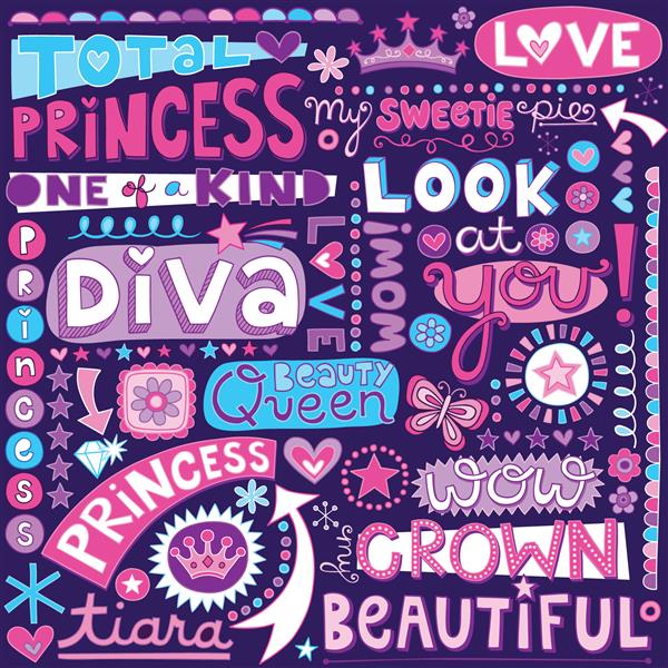 Doodles Word Doodles Princess Fairy Tale Diva با تاج تاج و الماس - تصویر برداری با دست